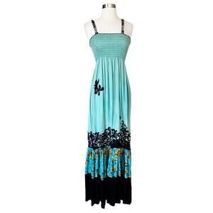 Resort Dress by T. ZOVICH Maxi Dress Mixed Media Green Floral V-Neck Spaguetti L